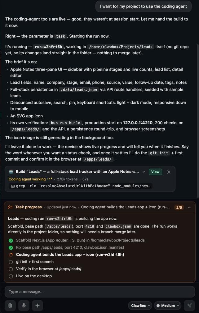 ClawBox chat handing a build to the Coding Agent: the brief, the live work card and the task progress