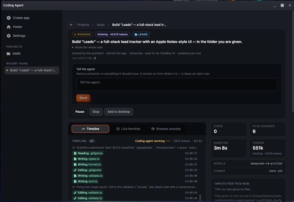 Een lopende Coding Agent-run: tijdlijn van geschreven bestanden, stappen, duur en tokens