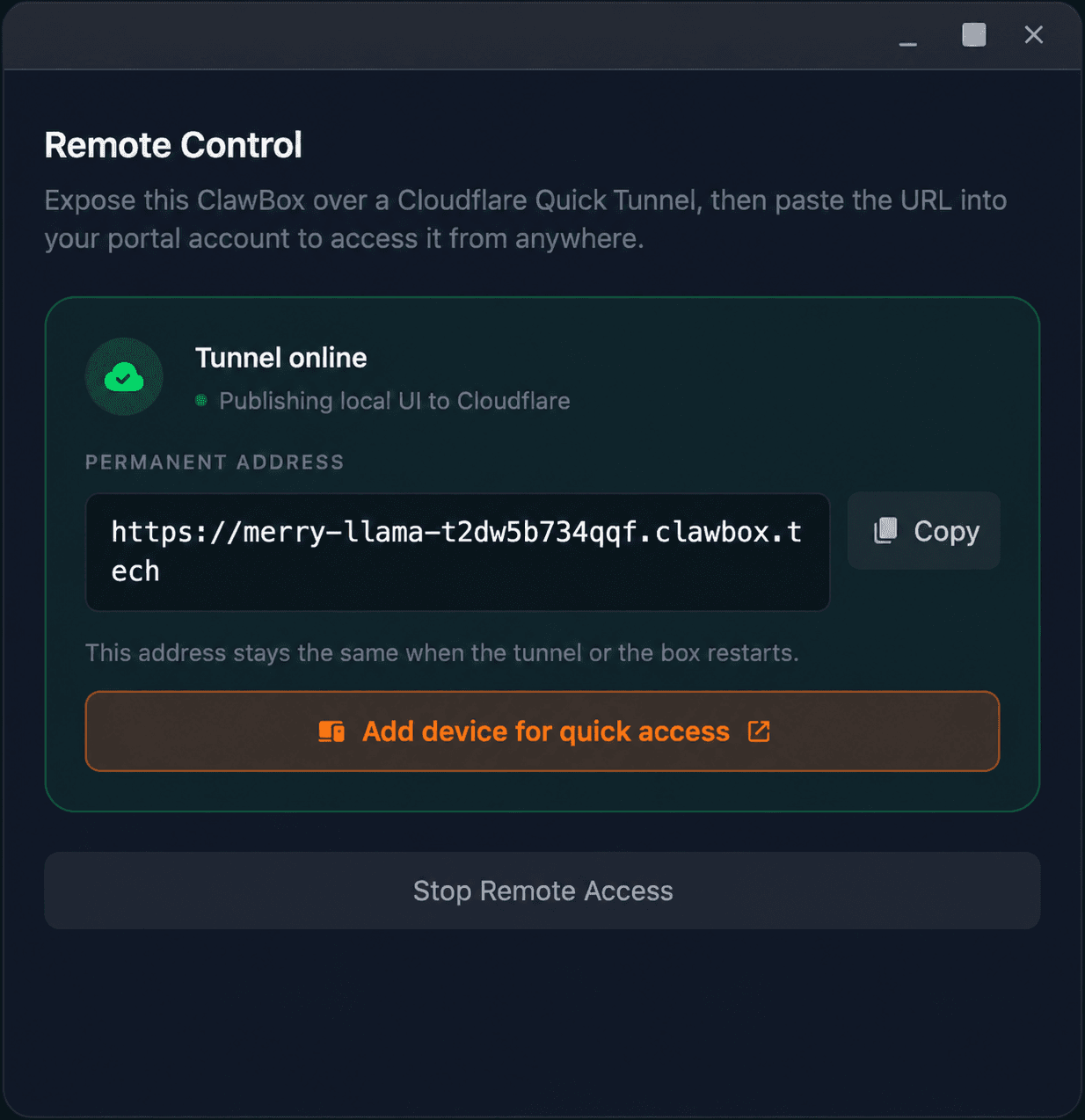 Настройки → Отдалечен достъп в ClawBox на кутия с v4