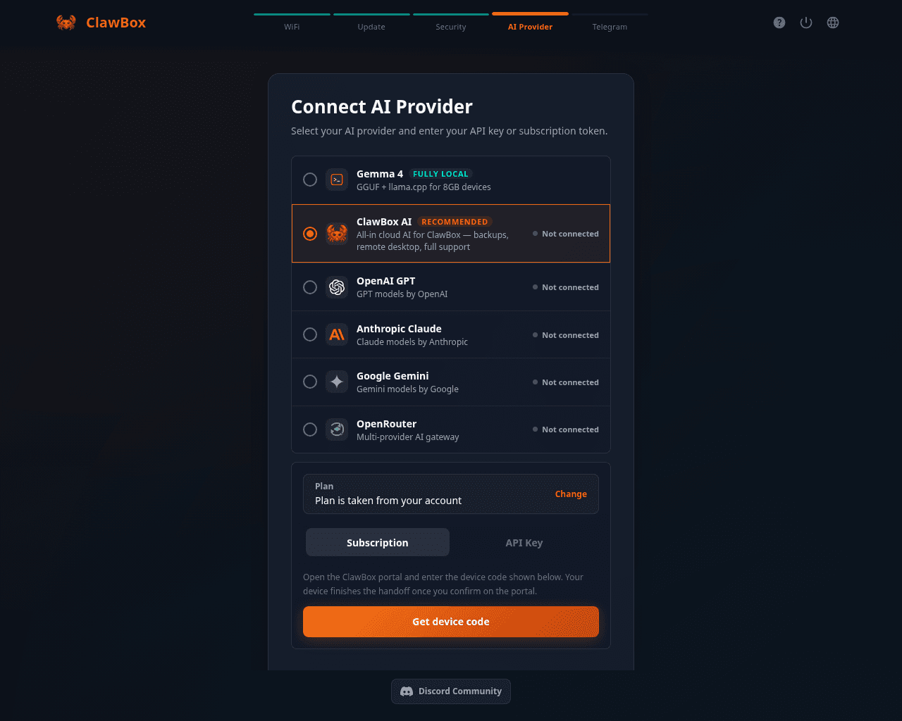 De stap AI-provider in de ClawBox-configuratiewizard op een echte box: Gemma 4 gemarkeerd als volledig lokaal, ClawBox AI als aanbevolen, daarna OpenAI, Anthropic, Google Gemini en OpenRouter