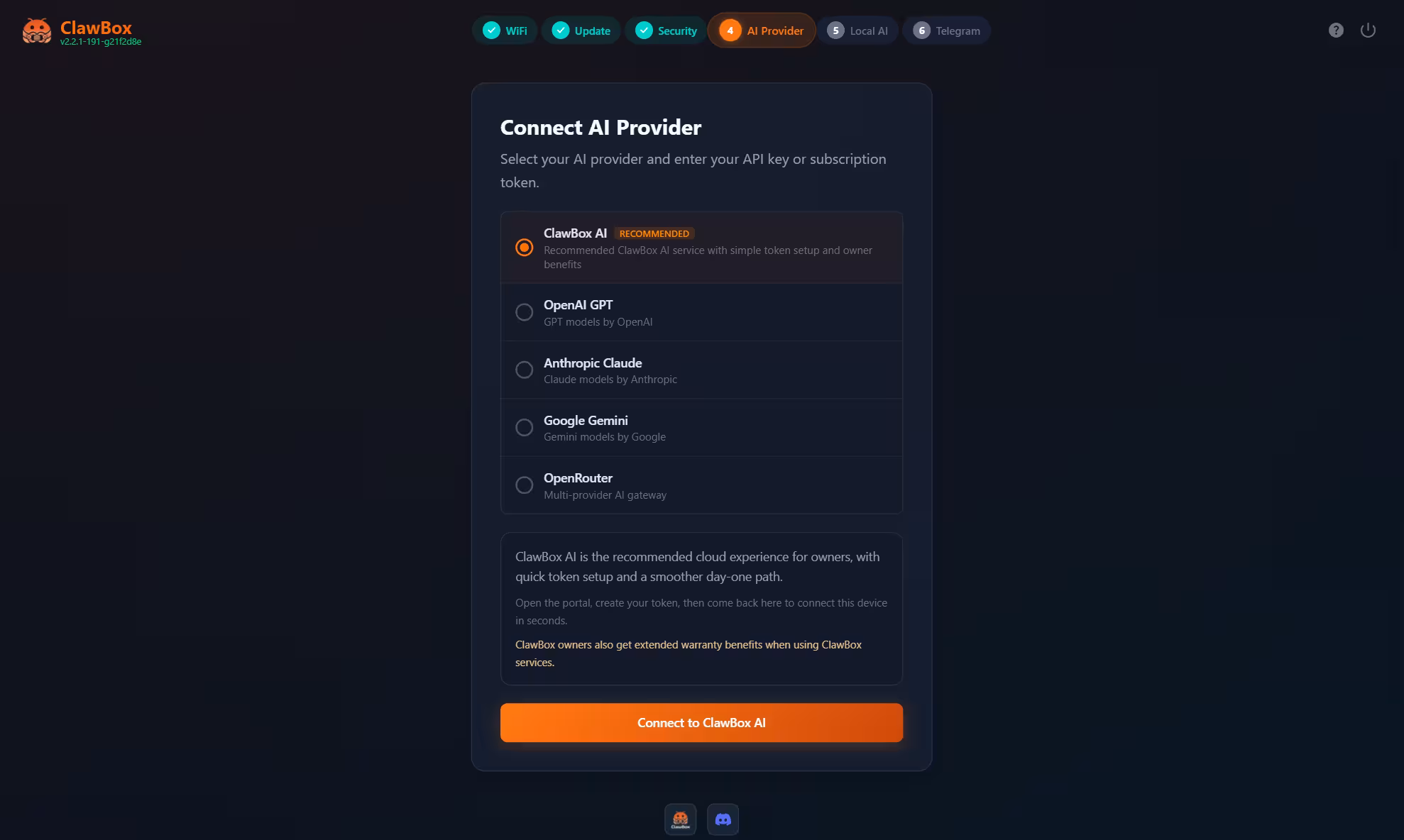 Екран за настройка на AI доставчик в ClawBox