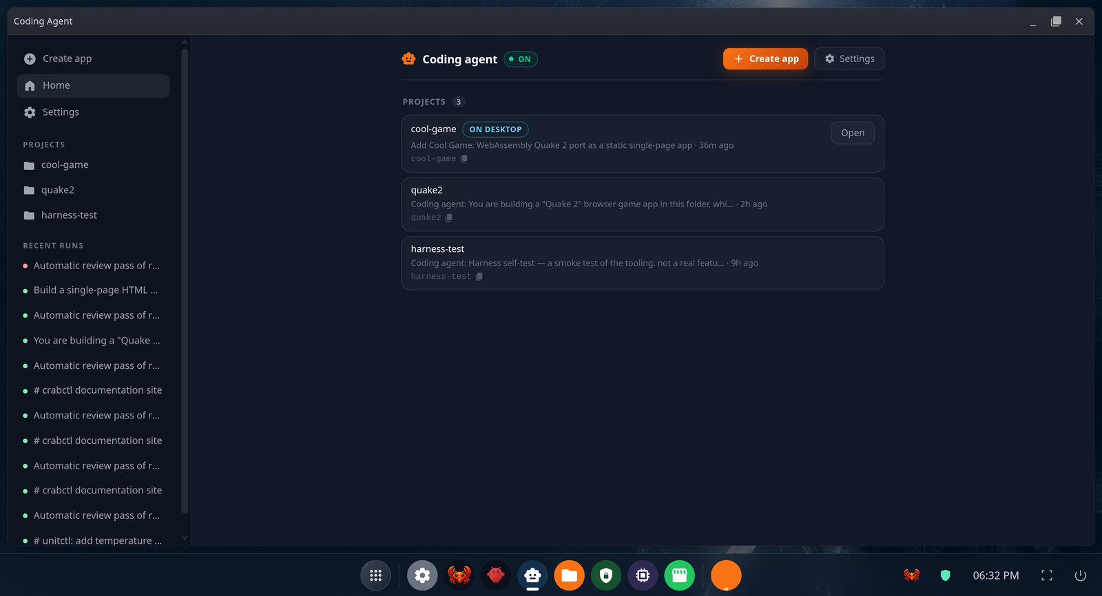 The Coding Agent in ClawBox v4, showing projects and recent runs