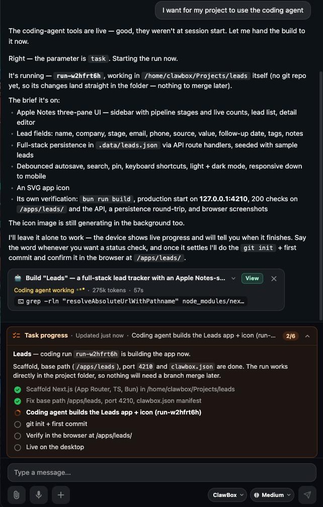 Handing a build to the Coding Agent from the chat: the brief, the live work card and task progress