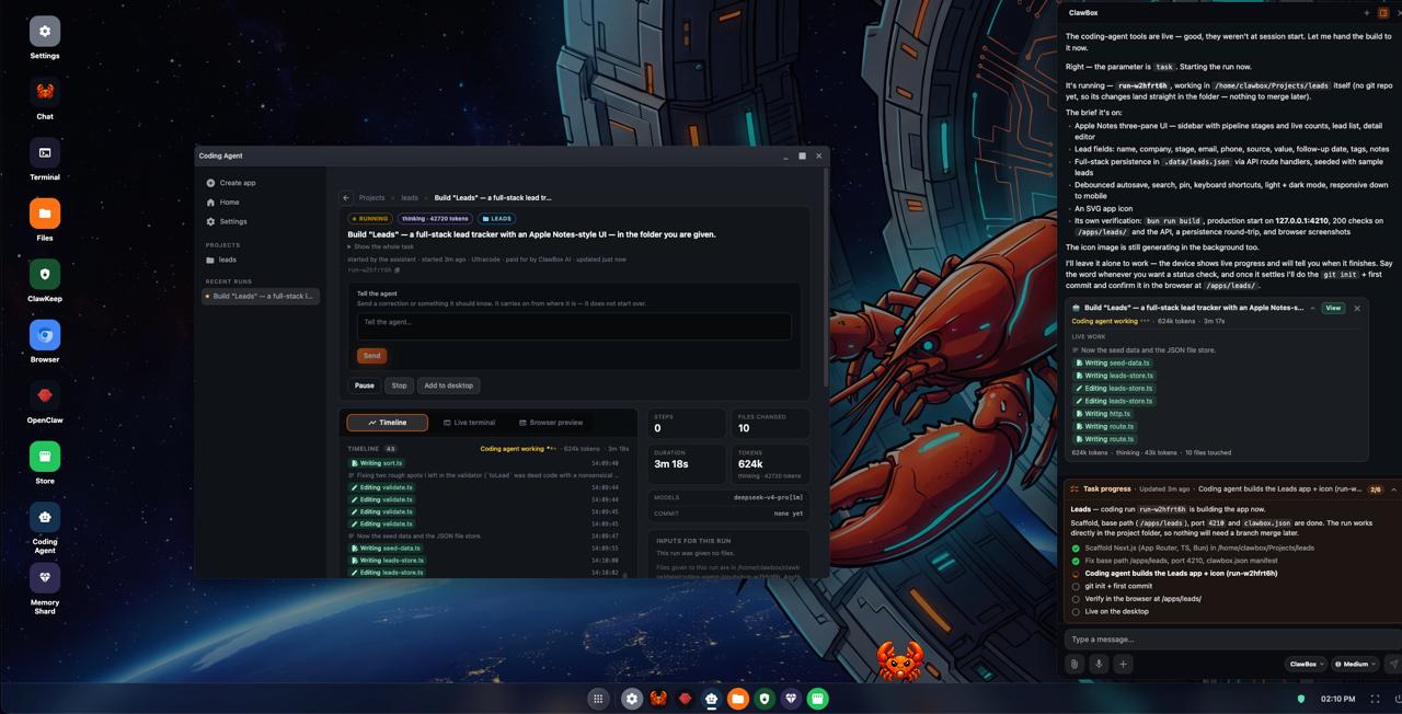 ClawBox desktop: the assistant hands a build to the Coding Agent, which works in its own window while the chat shows live progress